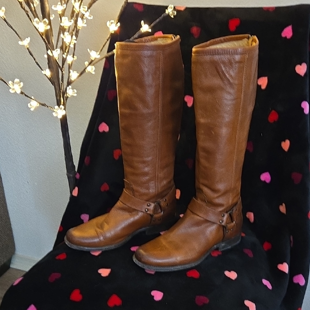 Frye Brown Knee High Back Zipper Harness Boots